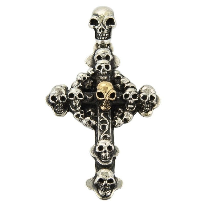 Front view of the oxidized sterling silver cross pendant featuring carved skulls and a central gold-tone skull accent