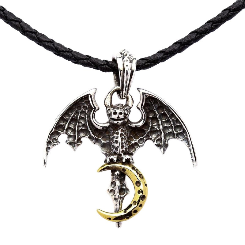 The gothic bat pendant with a gold moon shown on 20-inch black braided leather cord.