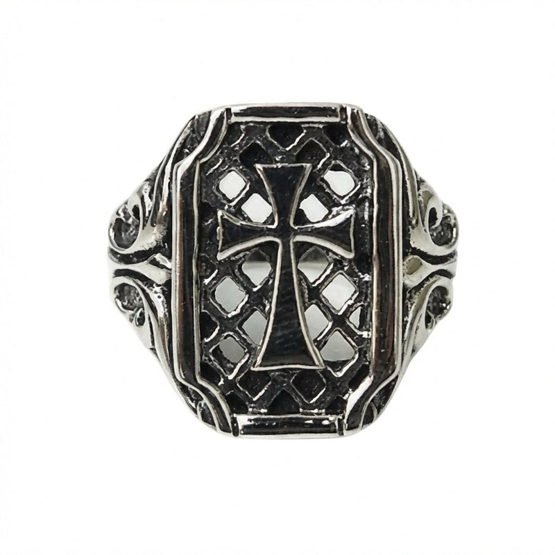 Front view of gothic cross sterling silver ring showing intricate lattice pattern and cross design