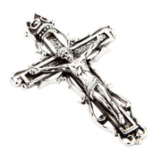 An ornate gothic crucifix pendant in solid sterling silver, showing the detailed figure of Jesus, a crown, and thorny vines.
