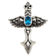 Vista frontal del diseño de daga gótica con alas de ángel y topacio azul