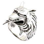 A gothic Kitsune fox ring in solid sterling silver with a fierce, snarling expression and oxidized details.