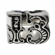 Front view of the gothic sterling silver number 13 ring, showing the ornate openwork design.