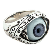 A large gothic dark purple evil eye ring in sterling silver, featuring ornate, blackened engravings on the band.