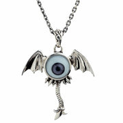 A front view of the gothic winged eyeball necklace, featuring a mystical dark purple glass eye and sterling silver chain.