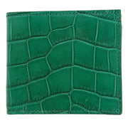 Front view of the green crocodile leather men's wallet highlighting the unique exotic scale pattern.