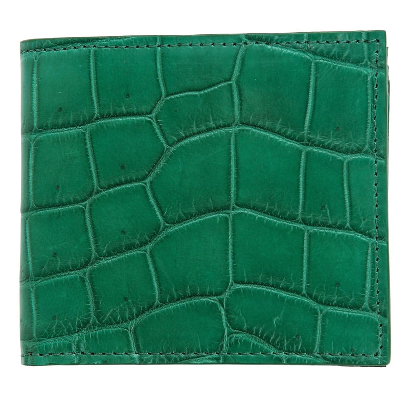 Front view of the green crocodile leather men's wallet highlighting the unique exotic scale pattern.