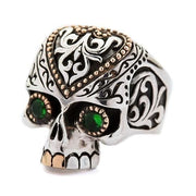 Green Eyes Tribal Ethnic Skull Sterling Silver Biker Ring [3]