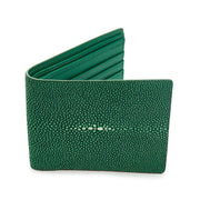 A front view of the handmade green polished stingray wallet, showing the unique pearl-like texture.