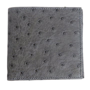 A bi-fold men's wallet made from genuine grey ostrich leather, shown partially open on a white background.