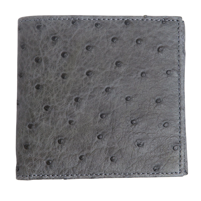 A bi-fold men's wallet made from genuine grey ostrich leather, shown partially open on a white background.