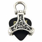 A front-on view of the handmade silver musician's guitar pick holder pendant.