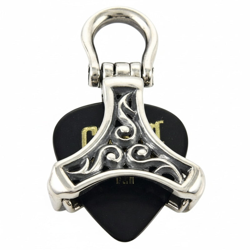A front-on view of the handmade silver musician's guitar pick holder pendant.