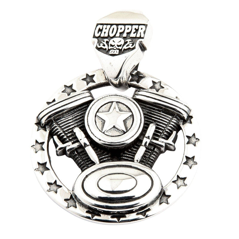 Front view of a silver V-twin engine pendant with a star-bordered frame and a bail reading CHOPPER above a skull.