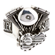 Harley Davidson V-Twin engine sterling silver ring front view showing detailed cylinders and crankcase
