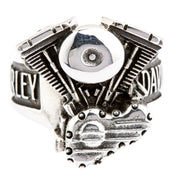 A premium piece of biker jewelry: a solid silver ring intricately sculpted to look like a Harley V-Twin engine.