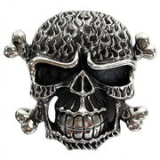 Front view of the 175-gram sterling silver belt buckle featuring a grinning flame skull and crossbones.