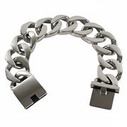 A heavy, 1-inch wide Cuban link bracelet in solid sterling silver with a secure box clasp, shown unclasped.