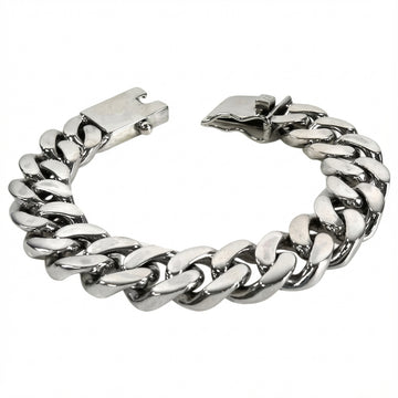 A heavy 18mm Cuban link bracelet in solid sterling silver with a brilliant high-polish finish.