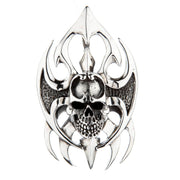 Front view of heavy sterling silver skull pendant with gothic blade design