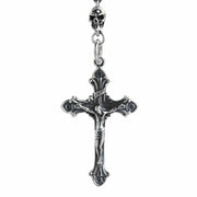 A heavy, 74-gram gothic crucifix rosary necklace meticulously crafted from solid sterling silver.