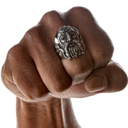 A heavy sterling silver Viking ring for men, featuring a detailed Norse warrior with a horned helmet.