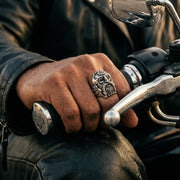 A heavy sterling silver Viking ring for men, featuring a detailed Norse warrior with a horned helmet.