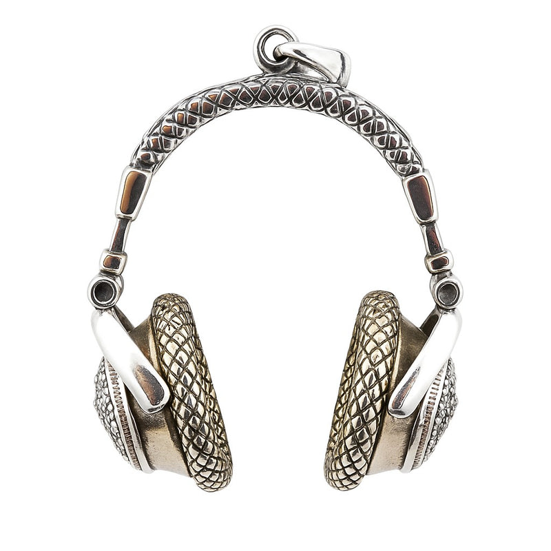 Front view of the iced out headphone pendant in sterling silver, showing the gold-tone earcups and Rasta lion design.