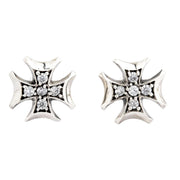 Paire de boucles d'oreilles Croix de fer en argent massif glacé, brillamment incrustées de pierres CZ claires étincelantes.