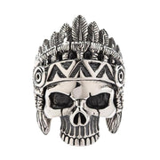 large sterling silver Indian chief skull ring with a detailed feathered headdress.