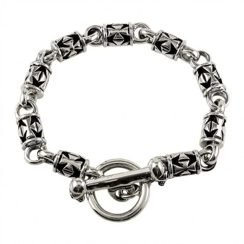 Full circular view of the sterling silver iron cross bracelet featuring four-armed links and a skull toggle clasp.