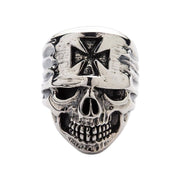 A solid sterling silver Iron Cross skull ring, with the iconic cross featured on a rugged bandana.