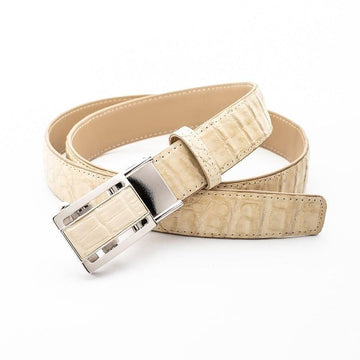 Ceinture homme en cuir véritable de ventre de crocodile blanc ivoire à écailles plates, dotée d'une boucle argentée polie.