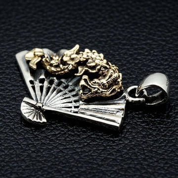 Japanese dragon fan women's gothic pendant in 925 sterling silver with gold-tone brass dragon on folding fan design