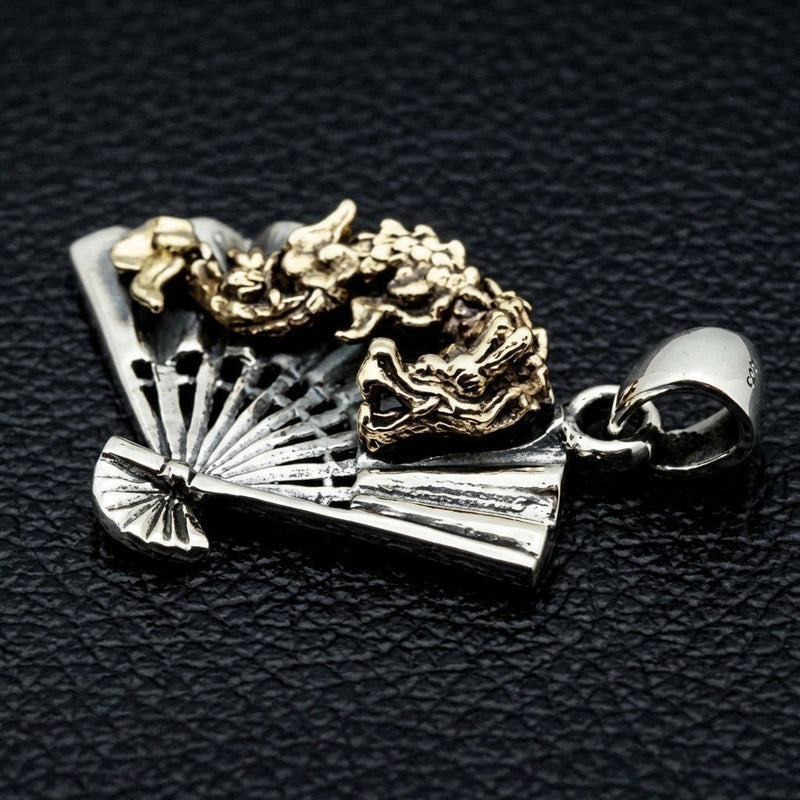Japanese dragon fan women's gothic pendant in 925 sterling silver with gold-tone brass dragon on folding fan design