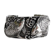 Front view of Japanese Koi Fish Sterling Silver Cuff with wave details