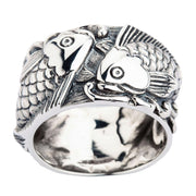Japanese koi ring in sterling silver, front view with twin koi fish design.