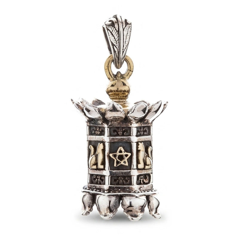 Japanese Zen lantern pendant in oxidized .925 sterling silver — front view of the tiered tōrō shape and carved body panel