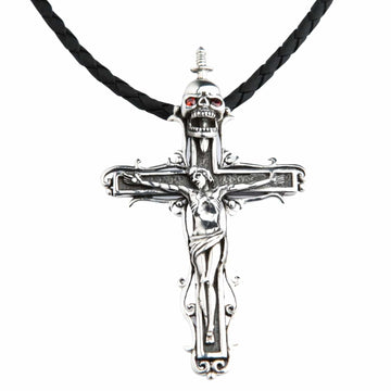 Front view of the Jesus Skull Cross Pendant in sterling silver, featuring a crucifix with a skull and red garnet eyes.