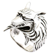 Fierce snarling kitsune fox head ring in solid sterling silver with detailed fangs, fur texture, and pointed ears