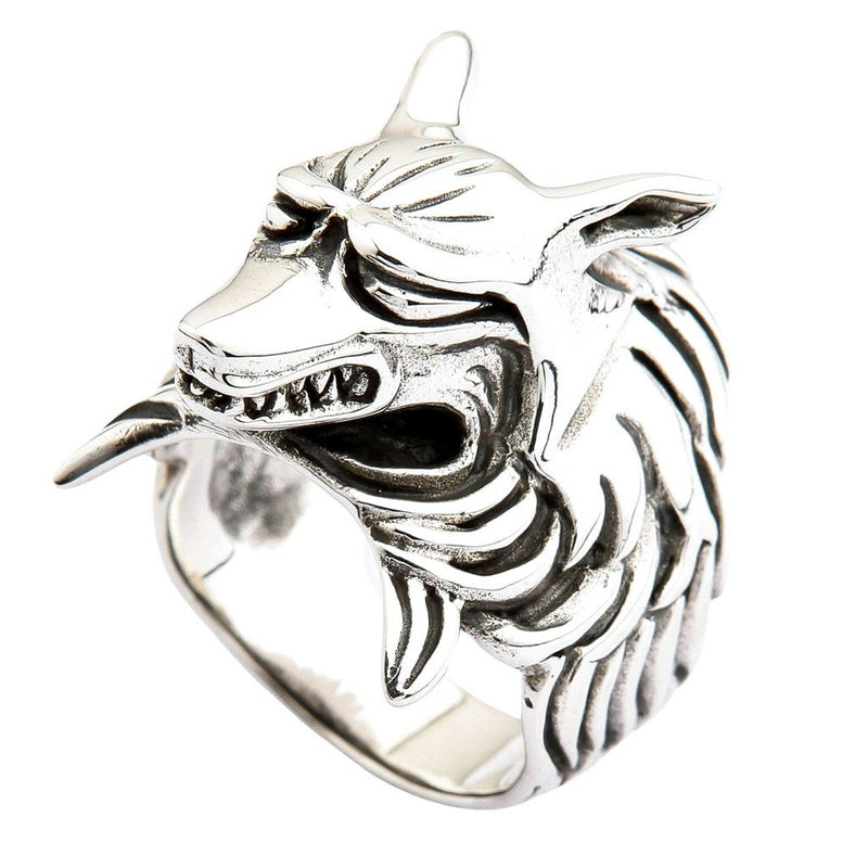 Ring med ylande kitsune-rävhuvud i massivt sterlingsilver, med detaljerade huggtänder, pälstextur och spetsiga öron.