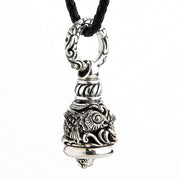 Sterling silver Koi Guardian Bell pendant showing detailed fish scales and face on braided leather cord