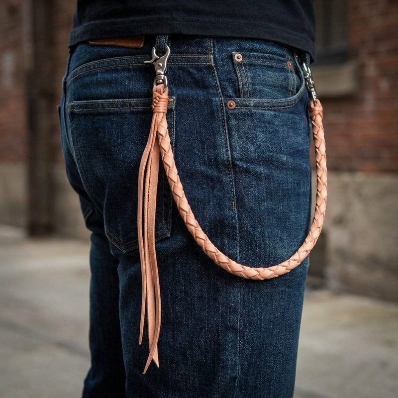 Light tan braided leather wallet chain attached to dark blue jeans showing how it drapes from belt loop to back pocket