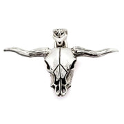 A direct front view of the sterling silver longhorn skull pendant, showing the intricate and realistic details.