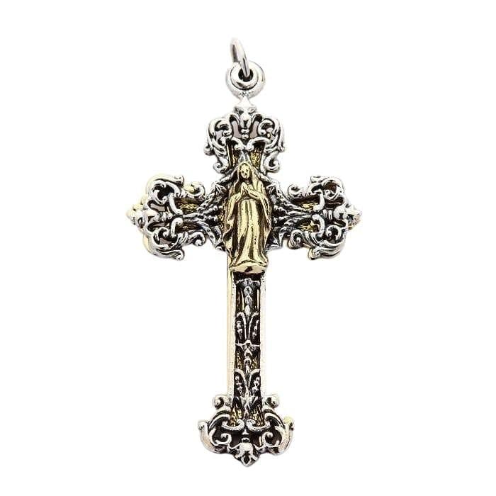 Ornate sterling silver double-cross pendant featuring a warm brass Mary angel figure centered among scrollwork.