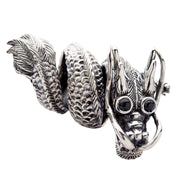 Front view of the Massive Black Eye Dragon Ring in sterling silver featuring a sculpted Eastern dragon with black CZ eyes.