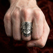 Medieval shield sterling silver ring with black CZ cross worn on hand showing scale and fit