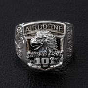 A men's solid sterling silver 101st Airborne Division ring, featuring the iconic 'Screaming Eagles' insignia.