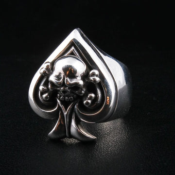 A men's solid sterling silver ring in the shape of the Ace of Spades with a skull and crossbones emblem.