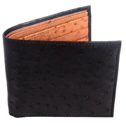 A men's two-tone bifold wallet with a black genuine ostrich leather exterior and a brown interior.
